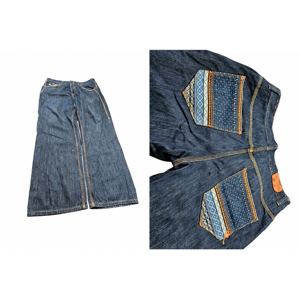 Roca Wear Y2K Wide Leg Baggy Jeans Embroidered Pocket Denim Size 40